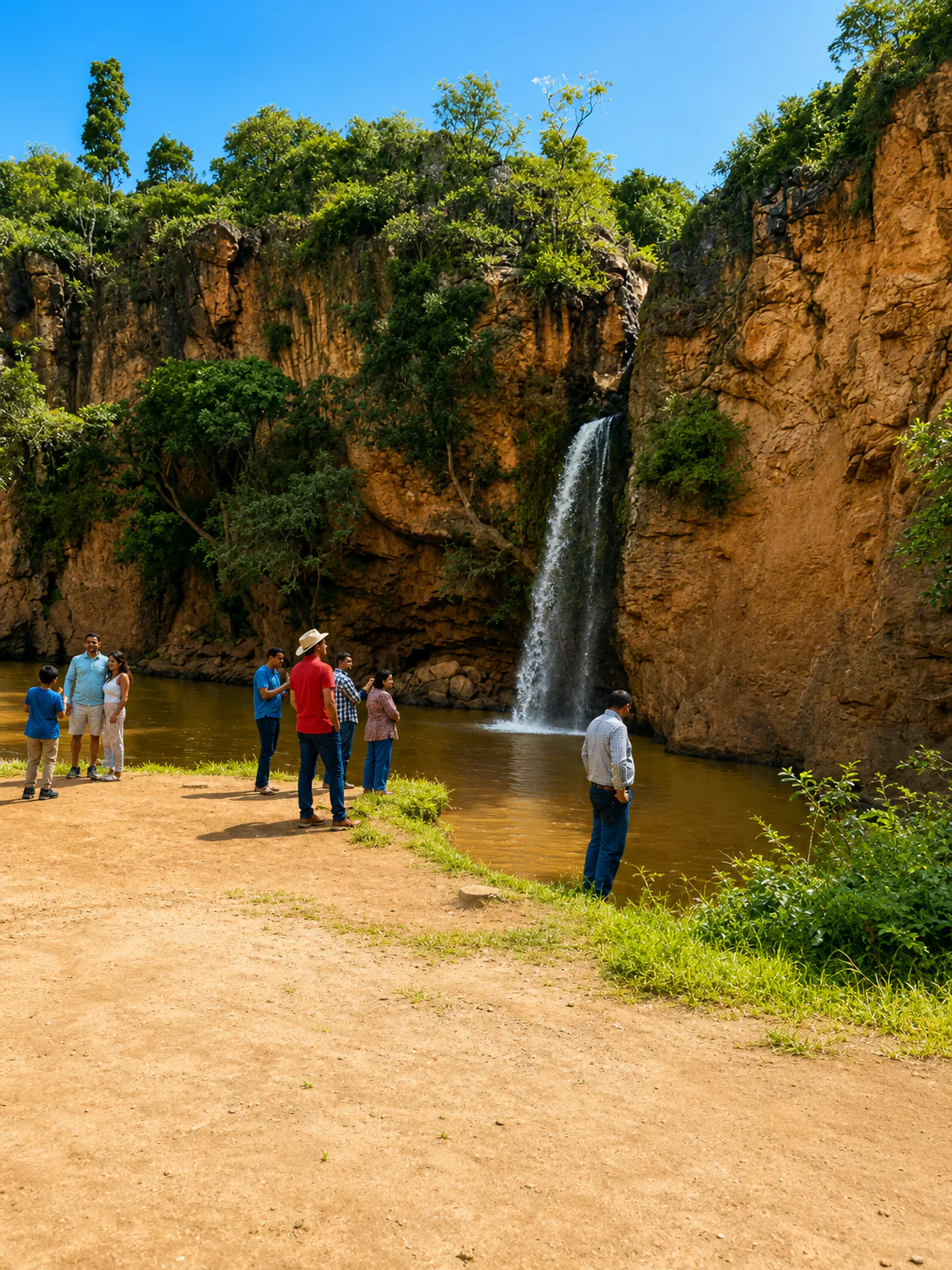 Visitors beside a waterfall enclosed by rocky green cliffs